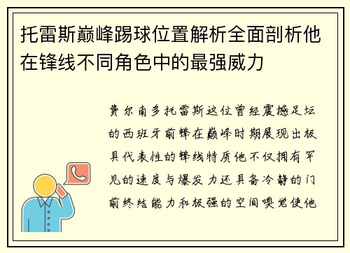 托雷斯巅峰踢球位置解析全面剖析他在锋线不同角色中的最强威力